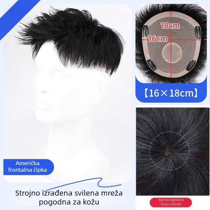 Muška perika od pravih vlasi – Amerikanski stil prednji dio kose, kratka duljina, prirodan bezšav izgled, mehanizam