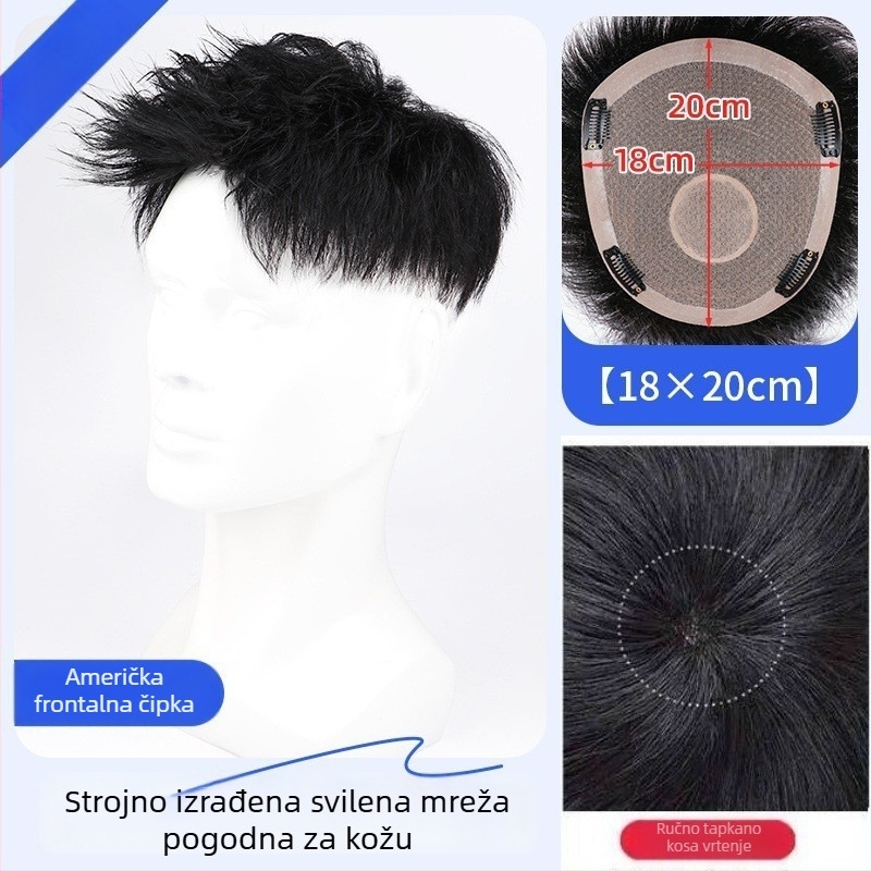 Muška perika od pravih vlasi – Amerikanski stil prednji dio kose, kratka duljina, prirodan bezšav izgled, mehanizam