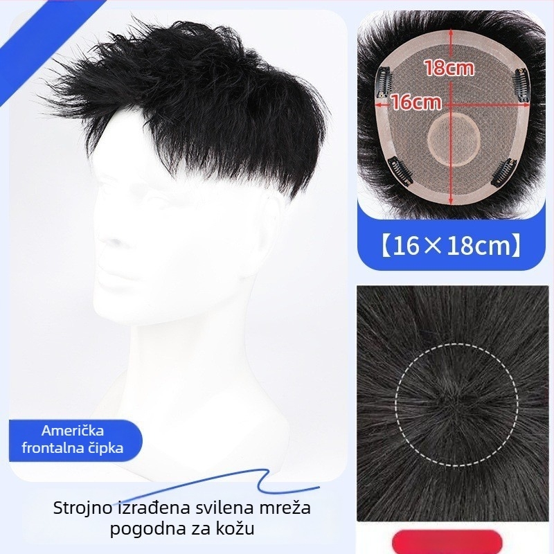 Muška perika od pravih vlasi – Amerikanski stil prednji dio kose, kratka duljina, prirodan bezšav izgled, mehanizam