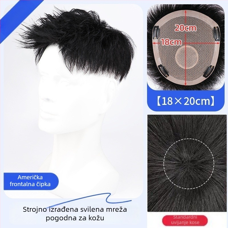 Muška perika od pravih vlasi – Amerikanski stil prednji dio kose, kratka duljina, prirodan bezšav izgled, mehanizam