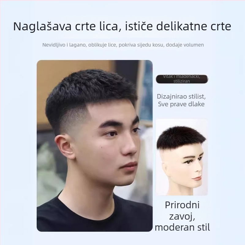 Muška kratka perika od pravih vlasi, ručno pletena, pokriva vrh glave i područje gubitka kose