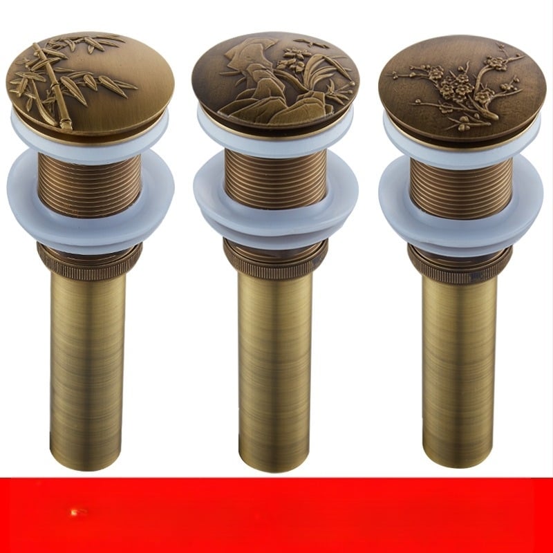 Antički odvod za umivaonik od čiste bakra s reljefnim uzorcima i pop-up mehanizmom