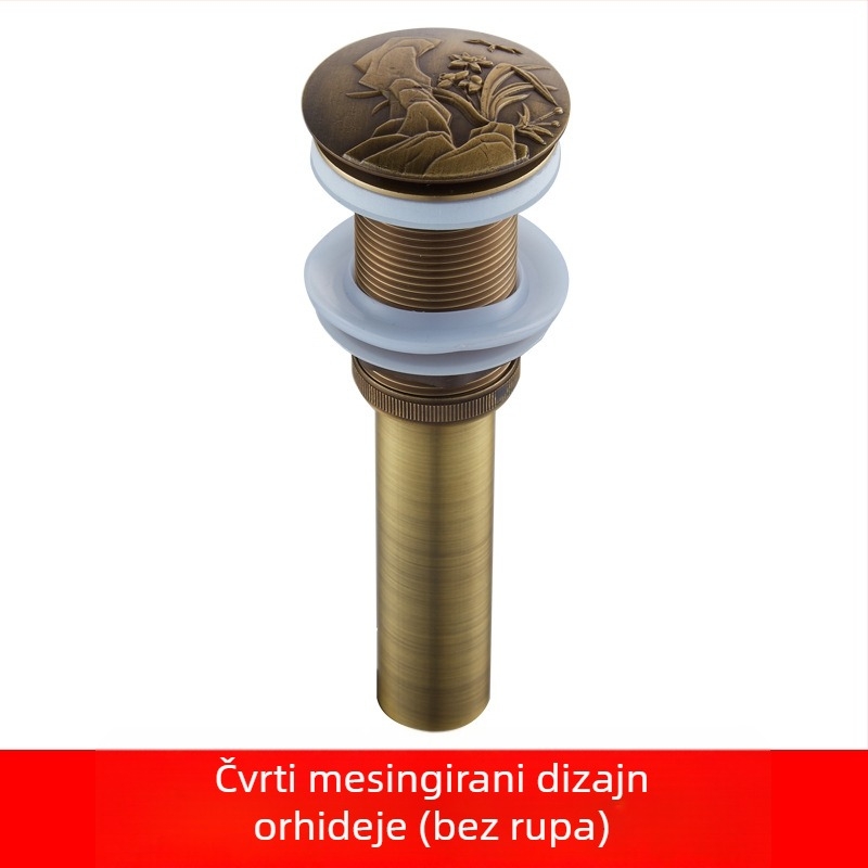 Antički odvod za umivaonik od čiste bakra s reljefnim uzorcima i pop-up mehanizmom