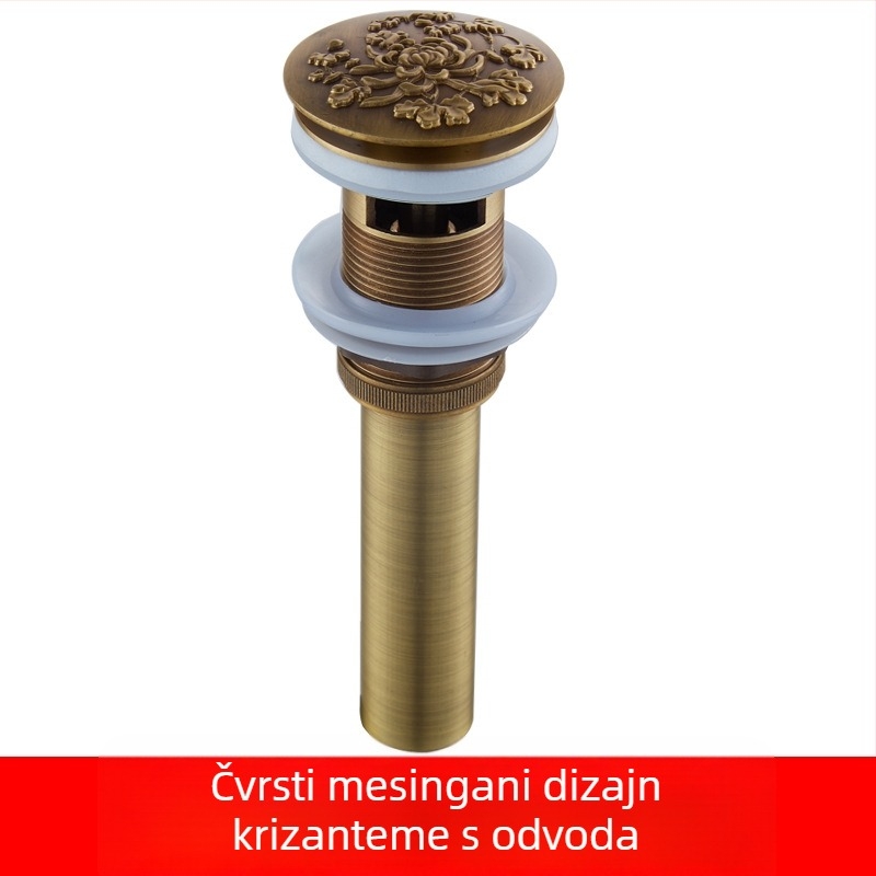 Antički odvod za umivaonik od čiste bakra s reljefnim uzorcima i pop-up mehanizmom