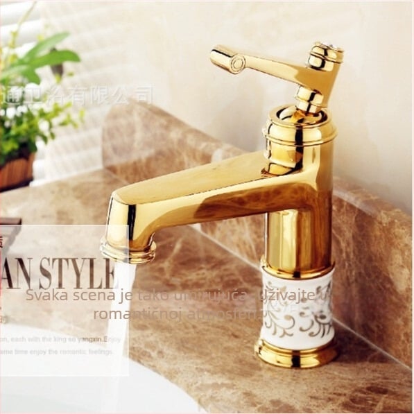 Bakreni miješac za umivaonik SE-6411, keramički disk ventil, topla/hladna voda, 0–90°C, ulaz 1/2"