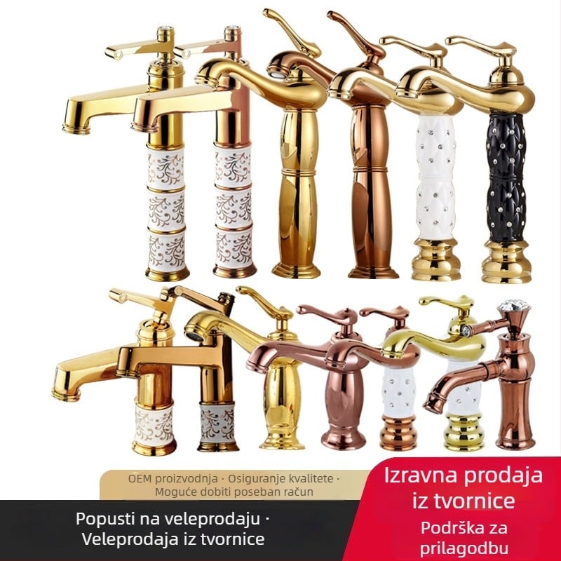 Bakreni miješac za umivaonik SE-6411, keramički disk ventil, topla/hladna voda, 0–90°C, ulaz 1/2"