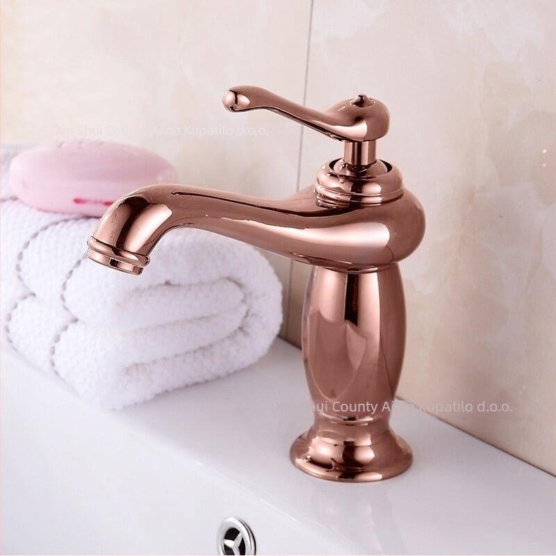 Bakreni miješac za umivaonik SE-6411, keramički disk ventil, topla/hladna voda, 0–90°C, ulaz 1/2"