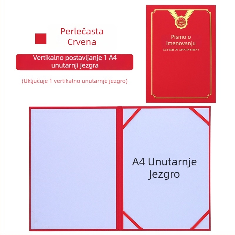 Pismo o imenovanju s toplom folijom zlatnog sjaja i perla-mat završnom obradom na papiru. Specifikacije: 12K, 8K, 6K, 5K, 16K. Namijenjeno učenicima, nastavnicima, javnim službenicima, službenicima i zaposlenicima tvrtke.