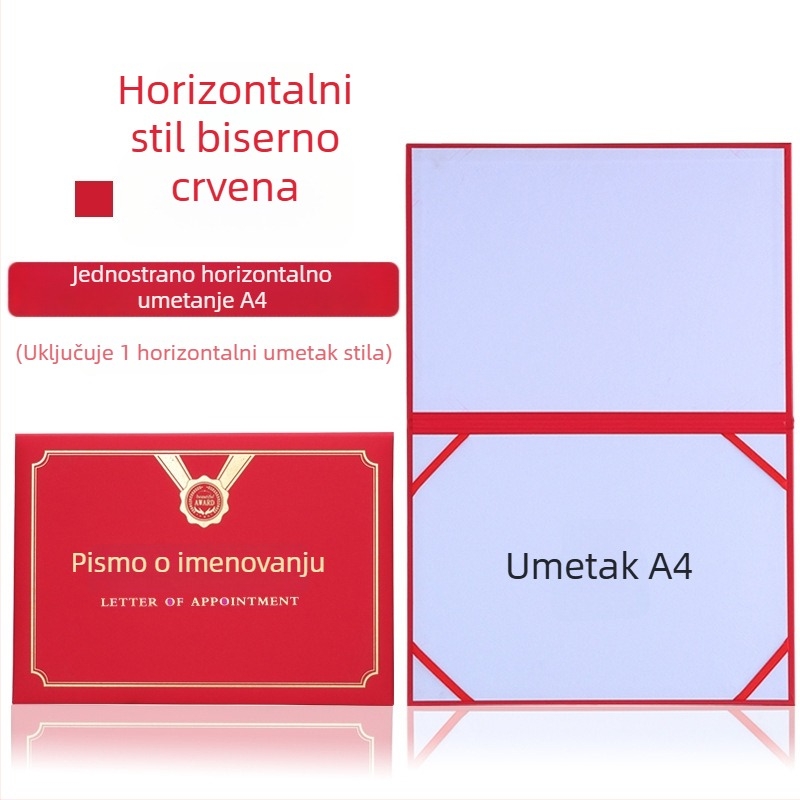 Pismo o imenovanju s toplom folijom zlatnog sjaja i perla-mat završnom obradom na papiru. Specifikacije: 12K, 8K, 6K, 5K, 16K. Namijenjeno učenicima, nastavnicima, javnim službenicima, službenicima i zaposlenicima tvrtke.