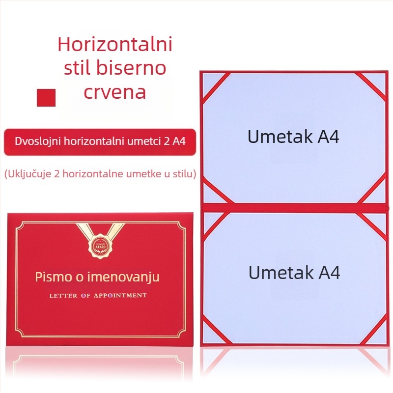 Pismo o imenovanju s toplom folijom zlatnog sjaja i perla-mat završnom obradom na papiru. Specifikacije: 12K, 8K, 6K, 5K, 16K. Namijenjeno učenicima, nastavnicima, javnim službenicima, službenicima i zaposlenicima tvrtke.