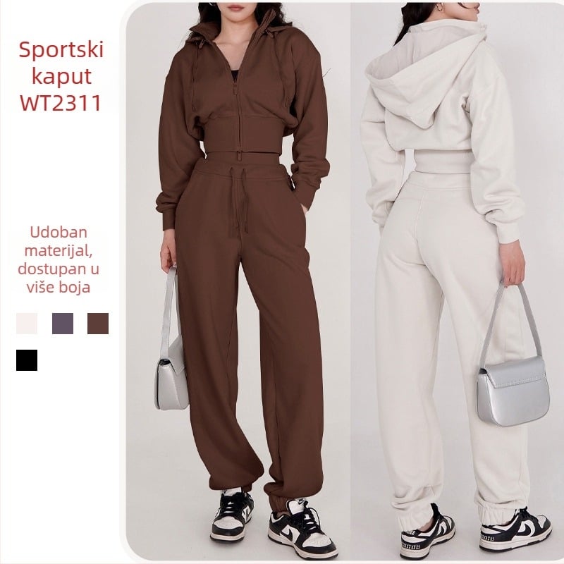 Ženska sportska jakna s kapuljom i odvojivim stojećim ovratnikom, dugi rukavi, debeli materijal, mješavina pamuka i poliestera