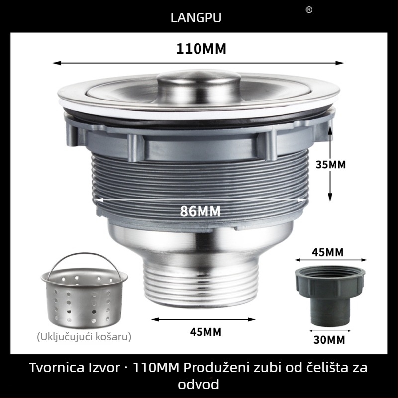 Kuhinjska odvodnja sudopera 8110 – nehrđajući čelik, LP, oblik P, vučni tip