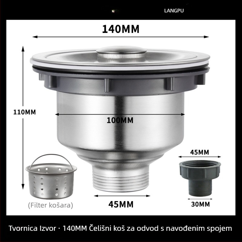 Kuhinjska odvodnja sudopera 8110 – nehrđajući čelik, LP, oblik P, vučni tip