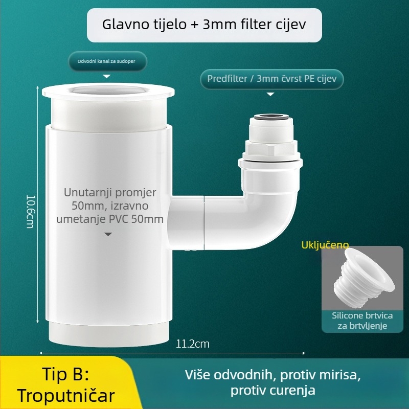 PVC kuhinjski odvodni T-spoj s tri izlaza i prefiltr za kontrolu mirisa