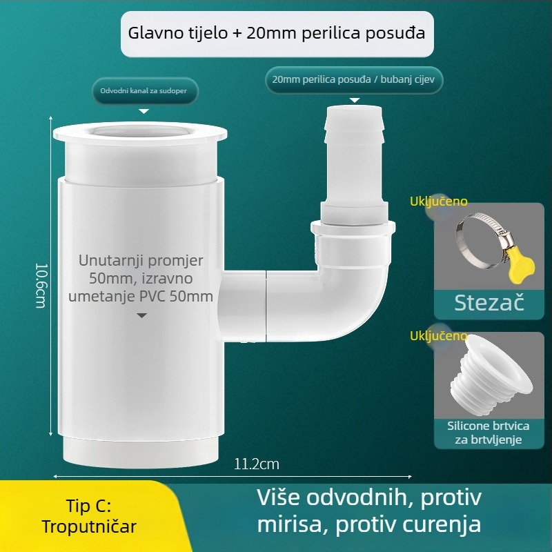 PVC kuhinjski odvodni T-spoj s tri izlaza i prefiltr za kontrolu mirisa