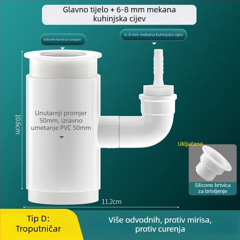 PVC kuhinjski odvodni T-spoj s tri izlaza i prefiltr za kontrolu mirisa