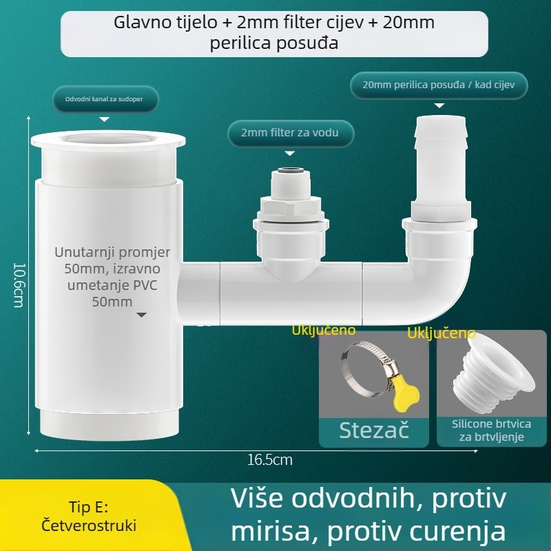 PVC kuhinjski odvodni T-spoj s tri izlaza i prefiltr za kontrolu mirisa