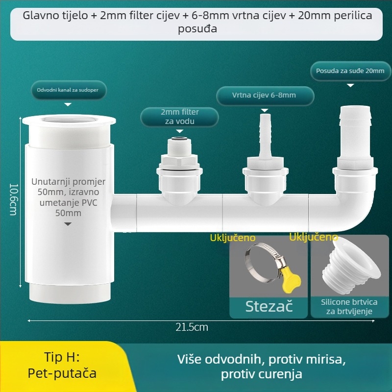 PVC kuhinjski odvodni T-spoj s tri izlaza i prefiltr za kontrolu mirisa