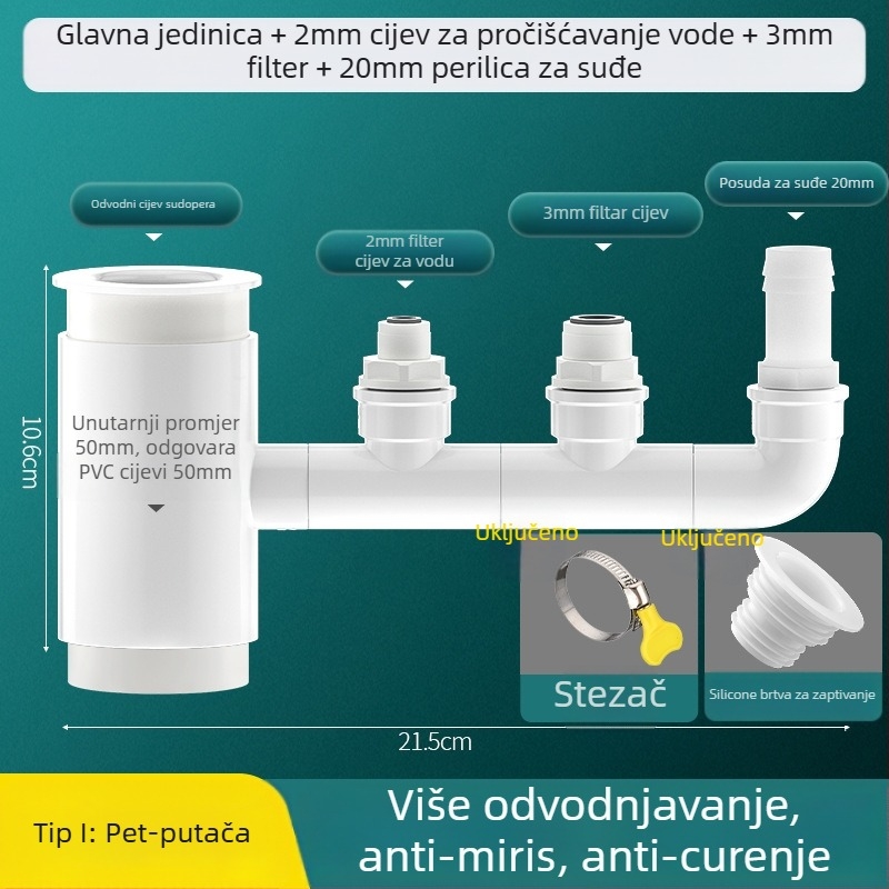 PVC kuhinjski odvodni T-spoj s tri izlaza i prefiltr za kontrolu mirisa