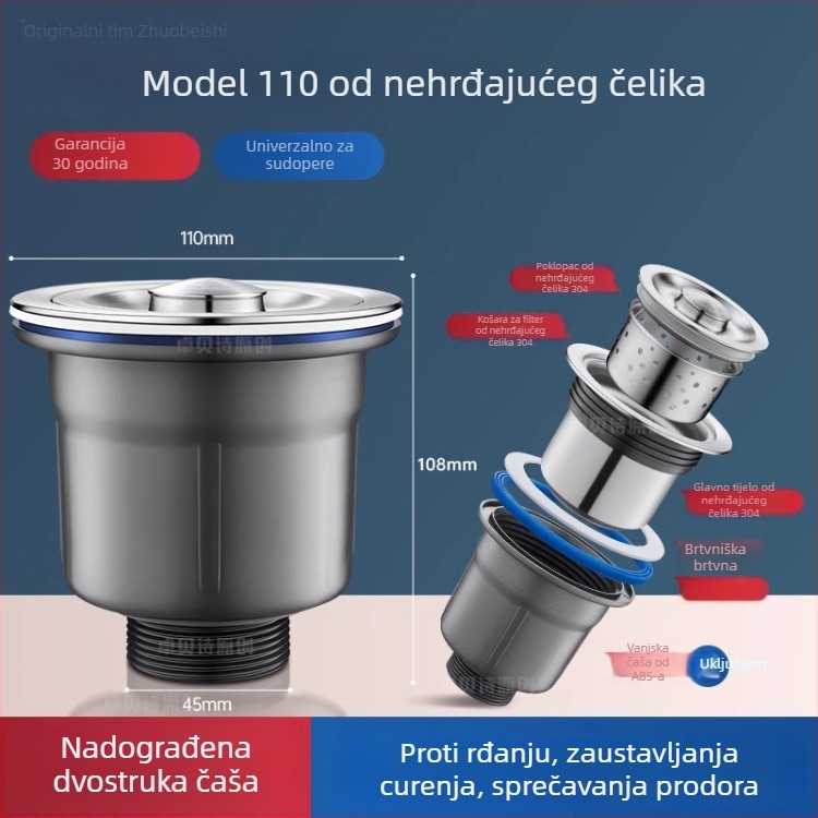 Dvoslojni koš za odvod vode od nehrđajućeg čelika za sudoper – univerzalno za jednostavne i dvostruke sudopere, 304 nehrđajući čelik, moderni minimalistički stil