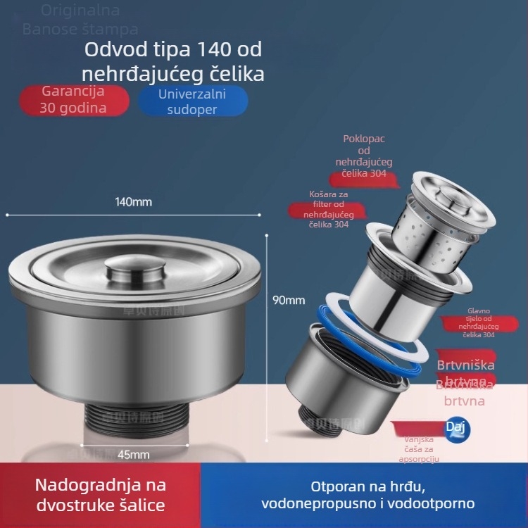 Dvoslojni koš za odvod vode od nehrđajućeg čelika za sudoper – univerzalno za jednostavne i dvostruke sudopere, 304 nehrđajući čelik, moderni minimalistički stil