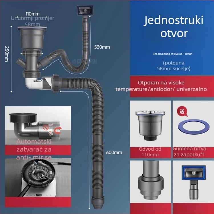 Dvoslojni koš za odvod vode od nehrđajućeg čelika za sudoper – univerzalno za jednostavne i dvostruke sudopere, 304 nehrđajući čelik, moderni minimalistički stil