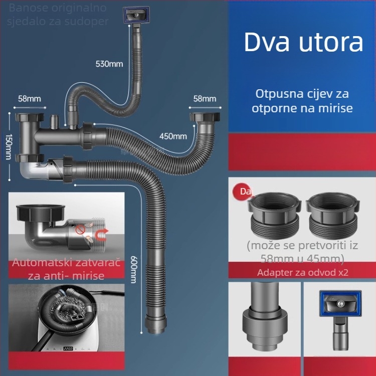 Dvoslojni koš za odvod vode od nehrđajućeg čelika za sudoper – univerzalno za jednostavne i dvostruke sudopere, 304 nehrđajući čelik, moderni minimalistički stil