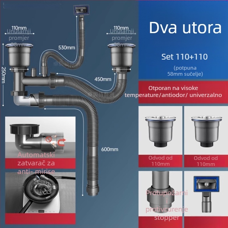 Dvoslojni koš za odvod vode od nehrđajućeg čelika za sudoper – univerzalno za jednostavne i dvostruke sudopere, 304 nehrđajući čelik, moderni minimalistički stil
