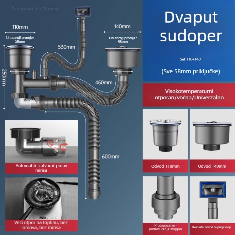 Dvoslojni koš za odvod vode od nehrđajućeg čelika za sudoper – univerzalno za jednostavne i dvostruke sudopere, 304 nehrđajući čelik, moderni minimalistički stil