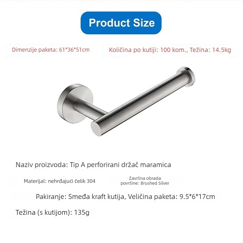 Držač za papir u kuhinji i WC-a od nehrđajućeg čelika, bez bušenja, ovalni dizajn, završni sprej premaz, Bangnan