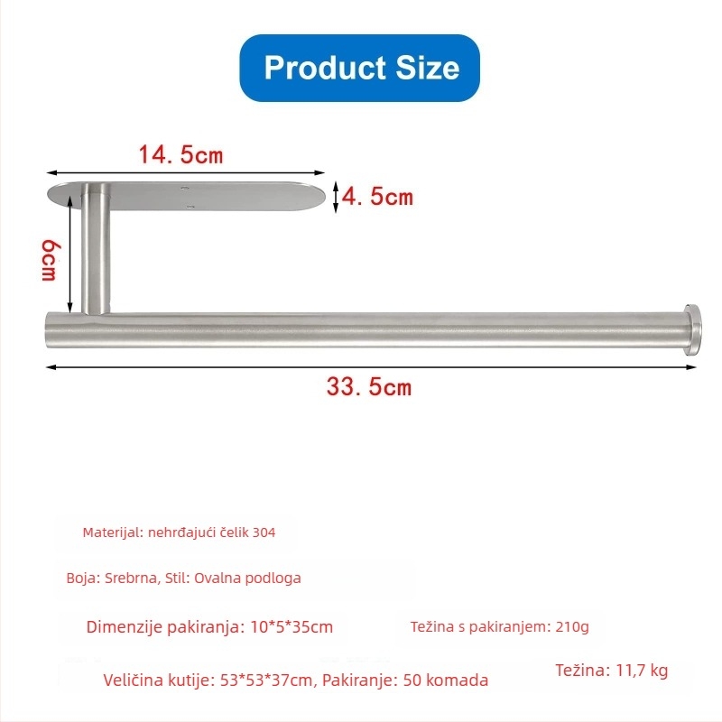 Držač za papir u kuhinji i WC-a od nehrđajućeg čelika, bez bušenja, ovalni dizajn, završni sprej premaz, Bangnan