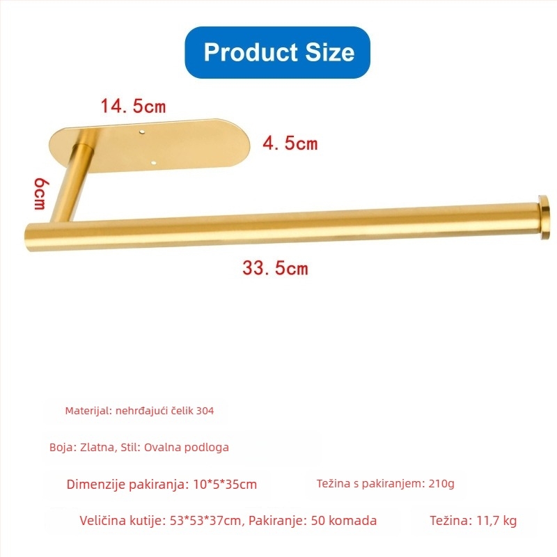 Držač za papir u kuhinji i WC-a od nehrđajućeg čelika, bez bušenja, ovalni dizajn, završni sprej premaz, Bangnan