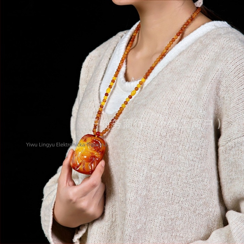 Jantarni privjesak zmaja na pulover lance, lanac s kuglicama, dugi unisex nakit, kapljasti oblik, vintage stil