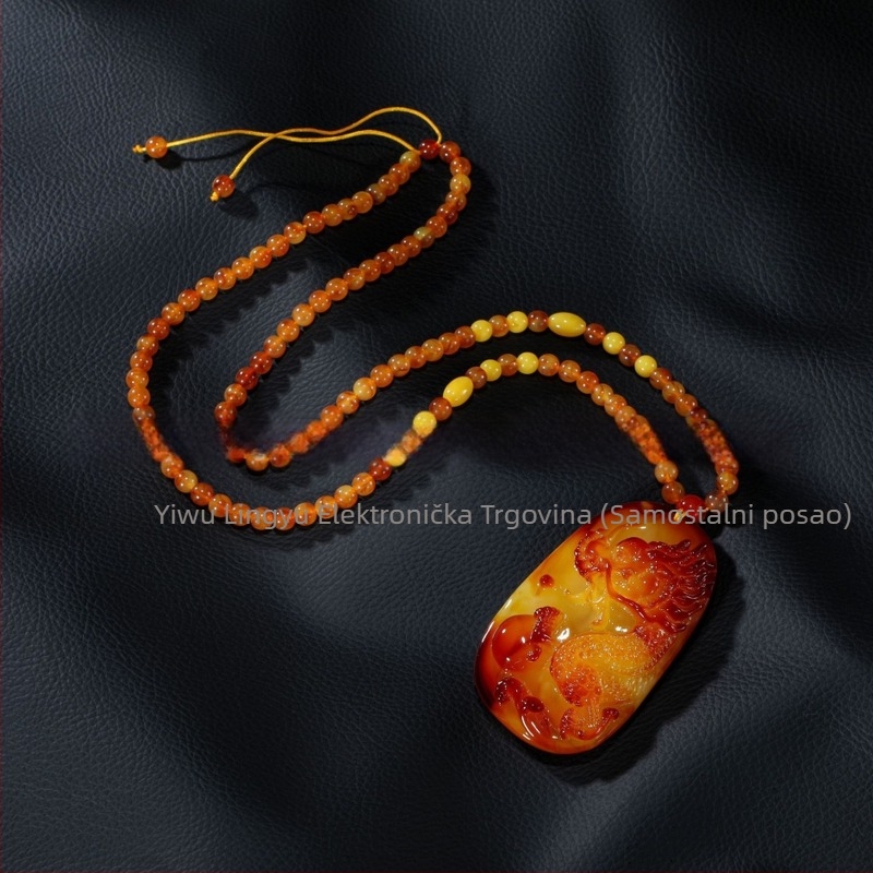 Jantarni privjesak zmaja na pulover lance, lanac s kuglicama, dugi unisex nakit, kapljasti oblik, vintage stil