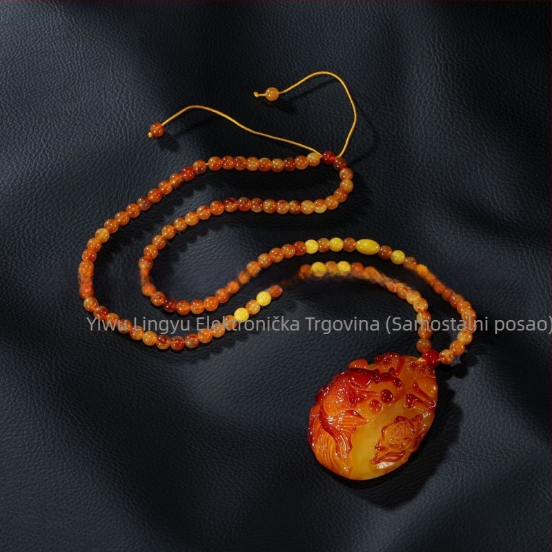 Jantarni privjesak zmaja na pulover lance, lanac s kuglicama, dugi unisex nakit, kapljasti oblik, vintage stil