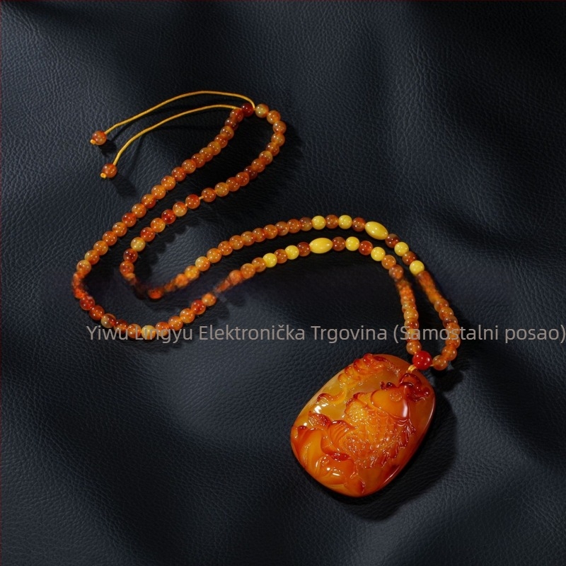 Jantarni privjesak zmaja na pulover lance, lanac s kuglicama, dugi unisex nakit, kapljasti oblik, vintage stil