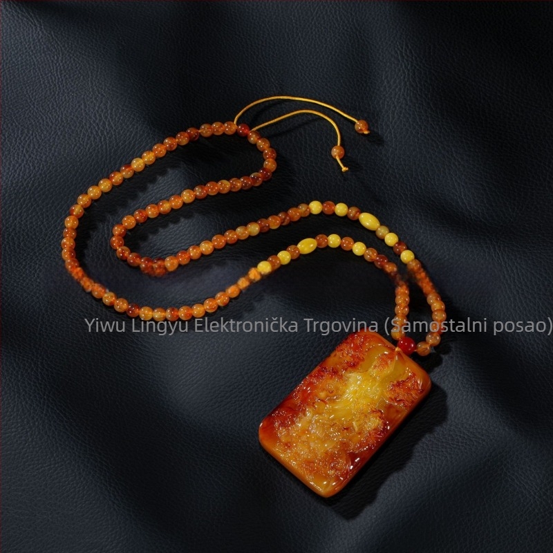 Jantarni privjesak zmaja na pulover lance, lanac s kuglicama, dugi unisex nakit, kapljasti oblik, vintage stil