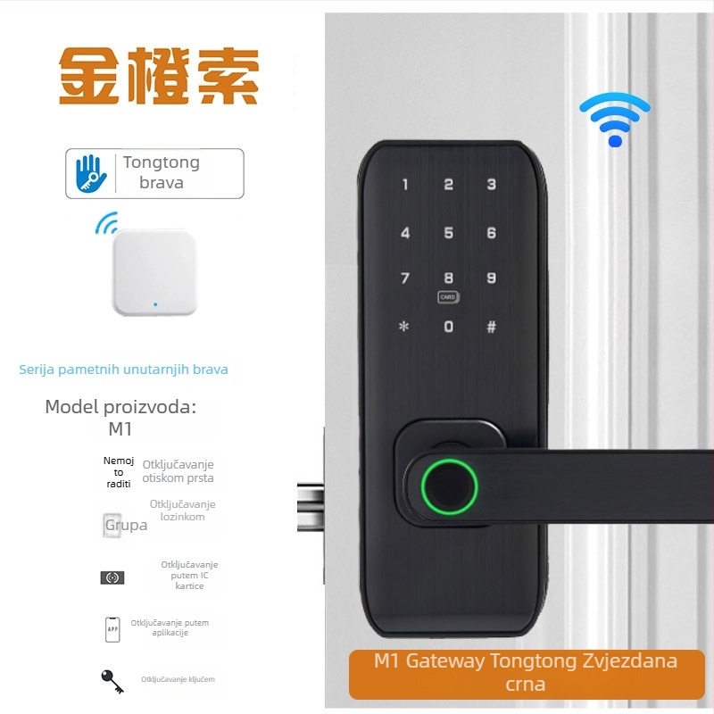 Pametni zaključavanje s otiskom prsta za unutarnje drvene vrata – model M1, kapacitet otisaka 100, brzina skeniranja <0,01 s, radna temperatura -20°C do 60°C, radni vijek 500 000 ciklusa