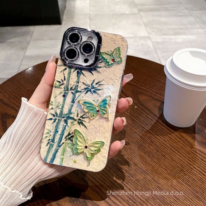Kućište za telefon s rhinestones u dizajnu uljne slike s cvjetnim motivom, za Apple iPhone, materijal akril+TPU, držač objektiva, zaštita od padova
