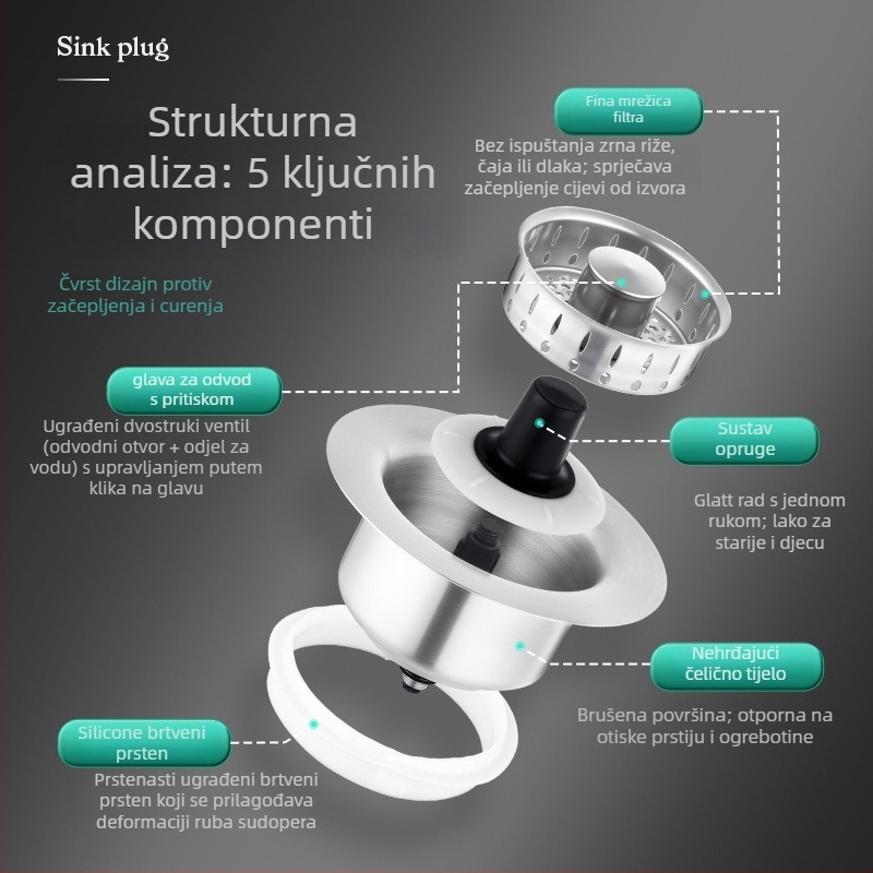 Nehrđajući čelik kuhinjska mrežica filtra i odvodni čep, univerzalni model, Pure Music