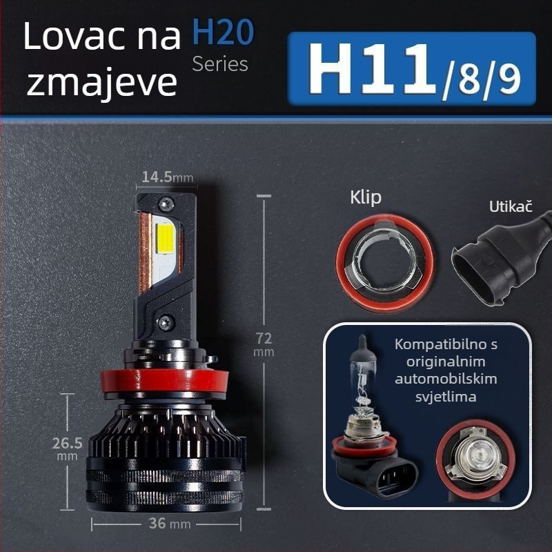 LED automobilske svjetlosne lampe za niski snop, kompatibilno s H1/4/7/11/9005/9012, 12V, 80–90W