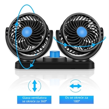 Automobilski ventilator, 12V/24V/USB, dvostruka glava, 10W, Model DCFAN