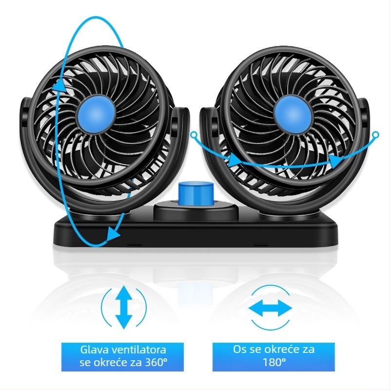 Automobilski ventilator, 12V/24V/USB, dvostruka glava, 10W, Model DCFAN