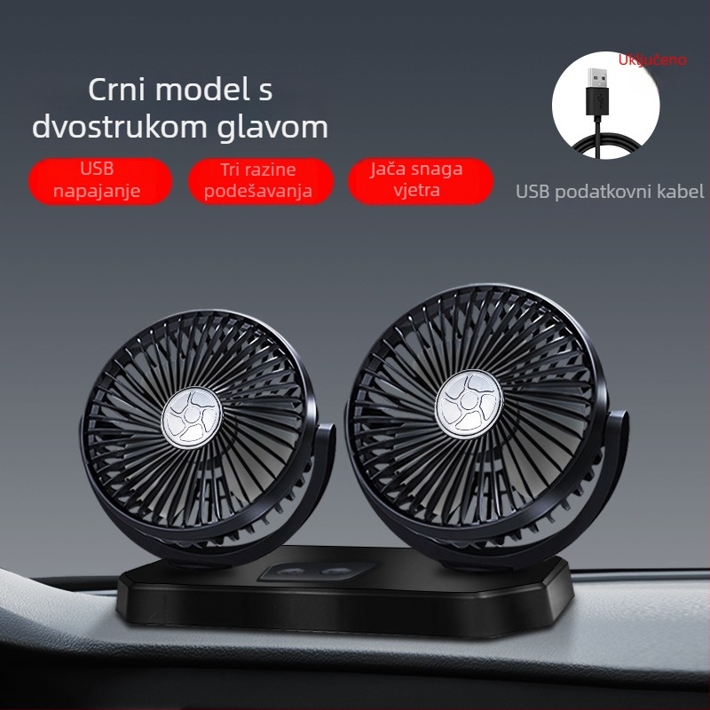 Automobilski ventilator, 12V/24V/USB, dvostruka glava, 10W, Model DCFAN