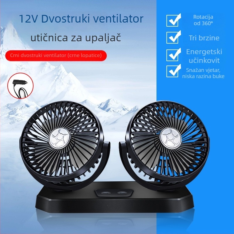Automobilski ventilator, 12V/24V/USB, dvostruka glava, 10W, Model DCFAN