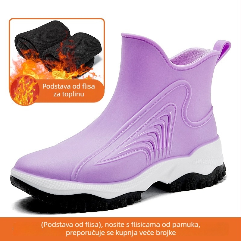 Ženske čizme za kišu od PVC-a, uzorak color block, niski vrat, ravni potplat, pogodne za četiri sezone