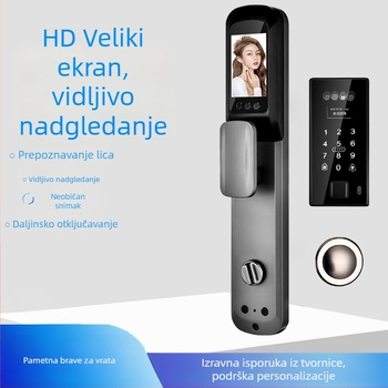 Pametna biometrijska brava za vrata s prepoznavanjem lica i otiska prsta, vodootporna, daljinsko otključavanje, pohrana otisaka 100, >100000 otključavanja, vrijeme skeniranja <0.5 s, lažno prepoznavanje <0.001%, DC napajanje