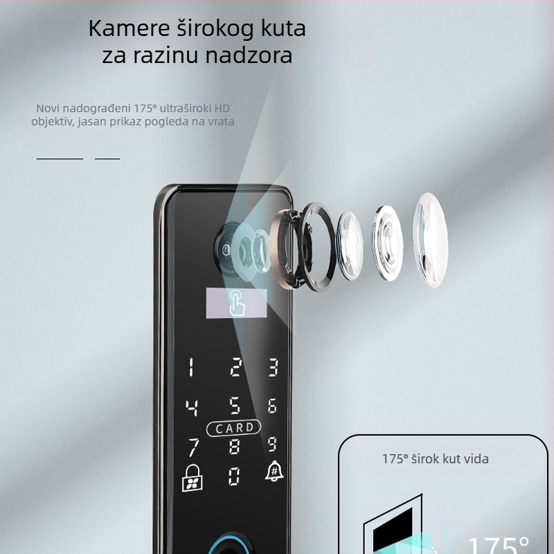 Pametna biometrijska brava za vrata s prepoznavanjem lica i otiska prsta, vodootporna, daljinsko otključavanje, pohrana otisaka 100, >100000 otključavanja, vrijeme skeniranja <0.5 s, lažno prepoznavanje <0.001%, DC napajanje