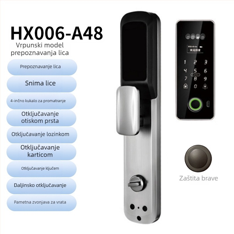 Pametna biometrijska brava za vrata s prepoznavanjem lica i otiska prsta, vodootporna, daljinsko otključavanje, pohrana otisaka 100, >100000 otključavanja, vrijeme skeniranja <0.5 s, lažno prepoznavanje <0.001%, DC napajanje