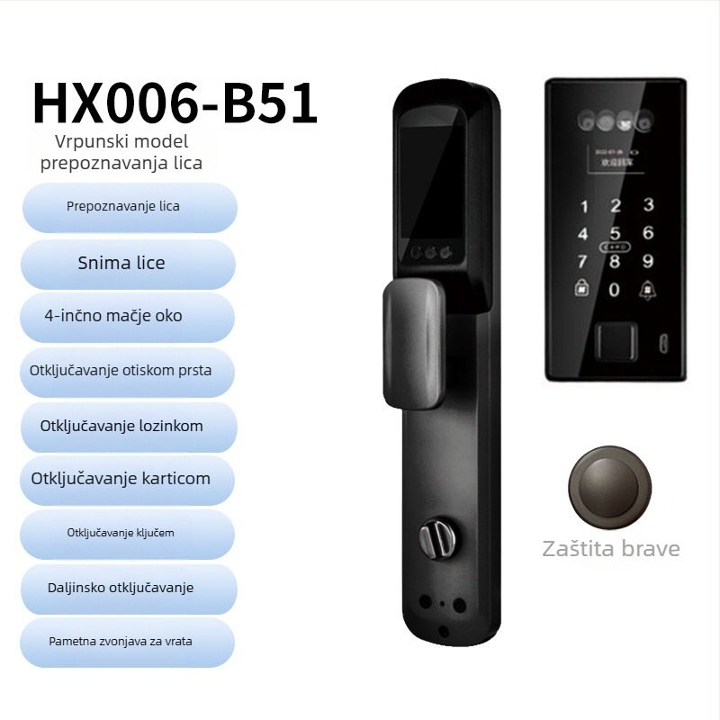 Pametna biometrijska brava za vrata s prepoznavanjem lica i otiska prsta, vodootporna, daljinsko otključavanje, pohrana otisaka 100, >100000 otključavanja, vrijeme skeniranja <0.5 s, lažno prepoznavanje <0.001%, DC napajanje